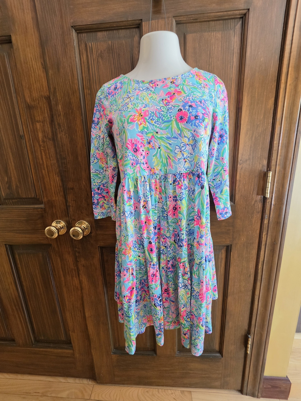 Lilly Pulitzer Sz S Floral Tiered Long Sleeve Dress - Blue, Pink & Green